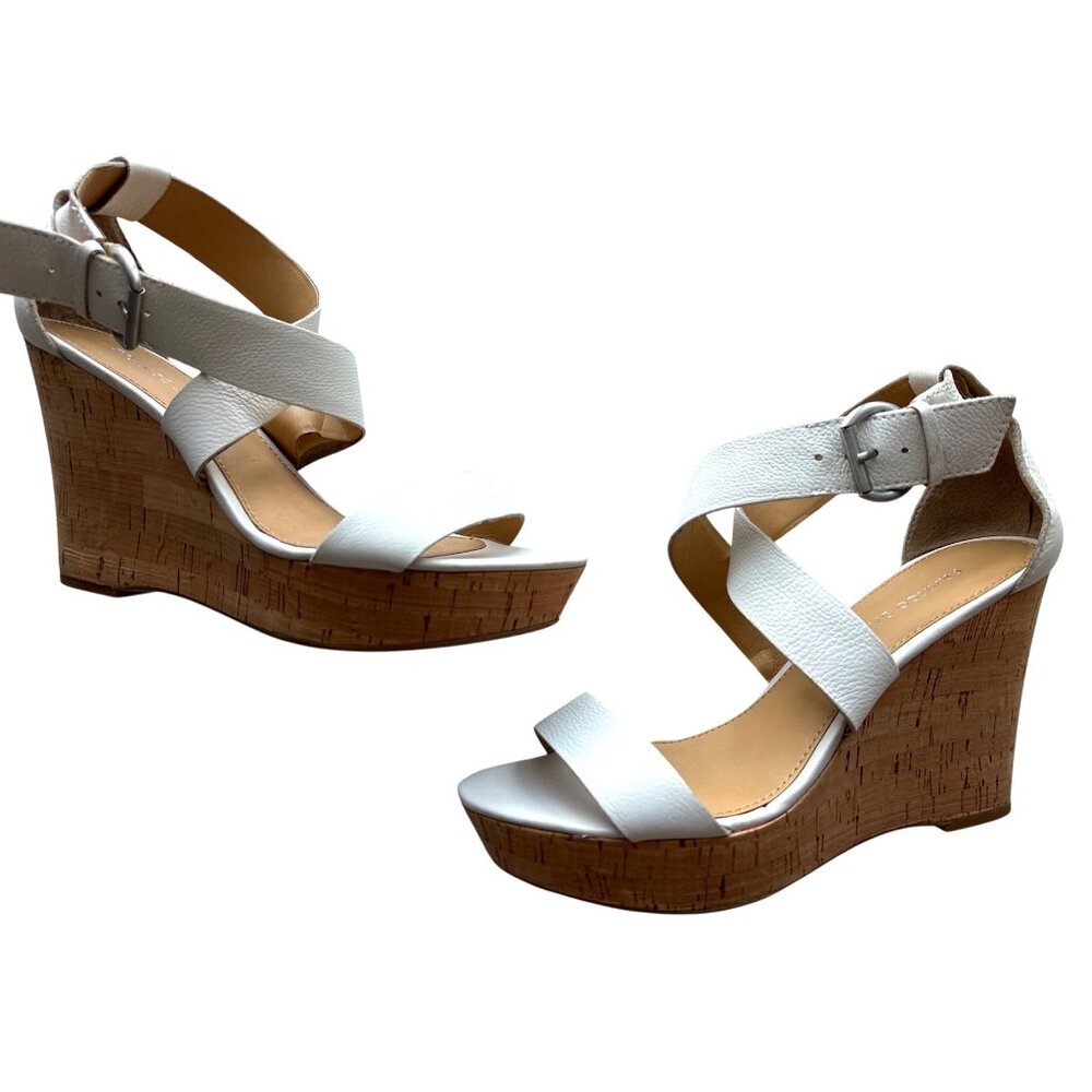 Franco Sarto White Wedge Sandals Leather Cork Heel Ankle Strap Open Toe Size 10